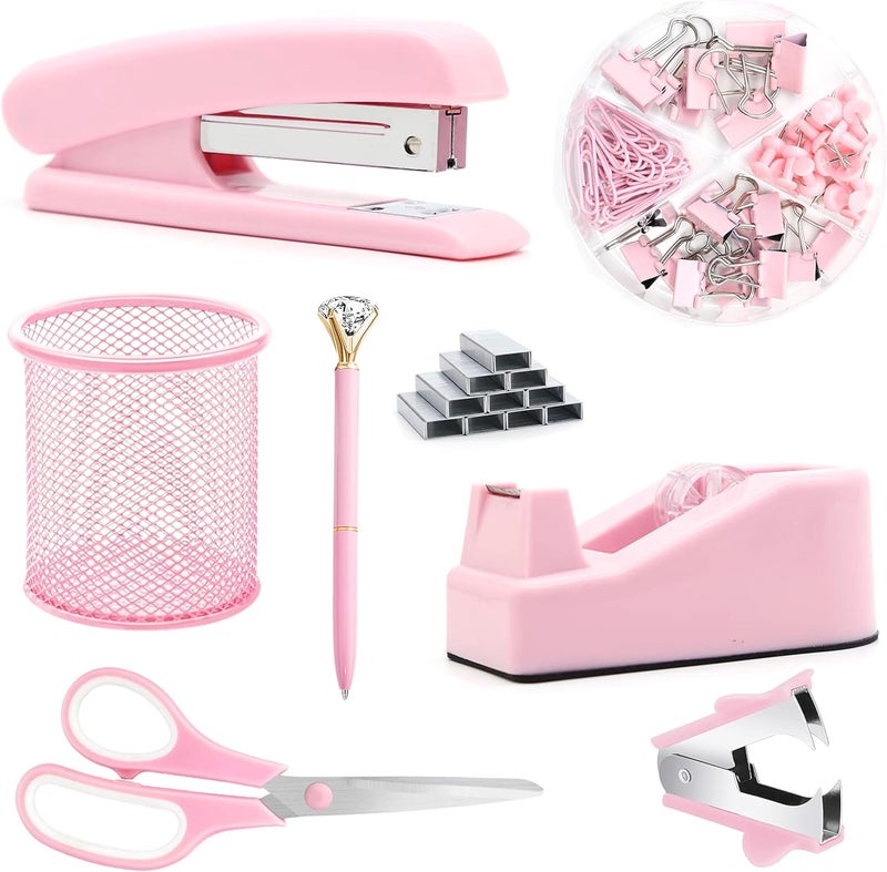 Famassi Pink Office Supplies, Pink Desk Accessories, Stapler, Staple Remover, Tape Holder, Pen Holder, Ballpoint Pen, Scissor, Binder Clips, Paper Clips and 1000pcs Staples. - Image 1